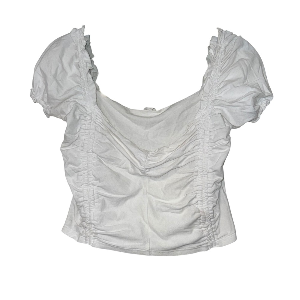 Garage Ruched Puff Sleeve Crop Top Womens Medium White Cotton Blend